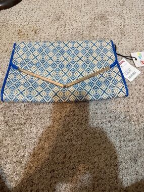 Blue and Cream Woven Envelope Clutch